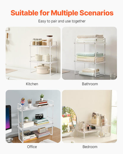 Verstellbarer Küchenschrank-Organizer, ausziehbares 2-stöckiges Schrankregal, stapelbare Arbeitsplatten-Organizer und Regalerhöhungen, Vorratskammer-Organizer für Küche, Bad und Büro, Weiß