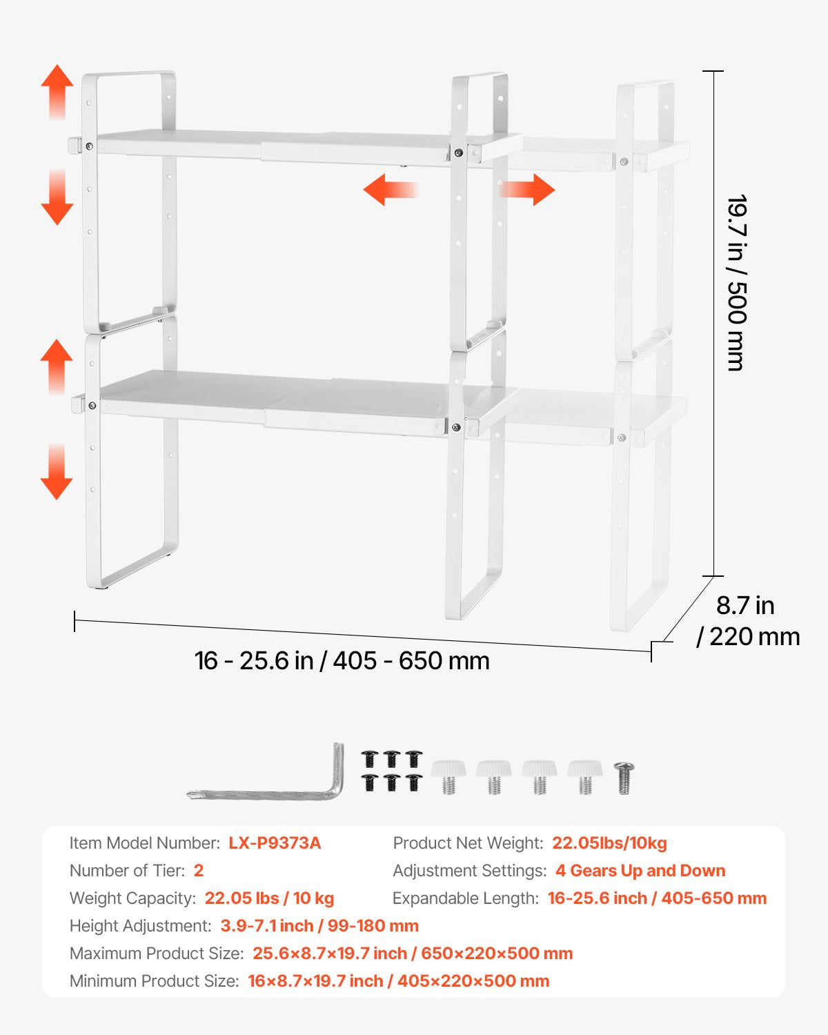 Verstellbarer Küchenschrank-Organizer, ausziehbares 2-stöckiges Schrankregal, stapelbare Arbeitsplatten-Organizer und Regalerhöhungen, Vorratskammer-Organizer für Küche, Bad und Büro, Weiß