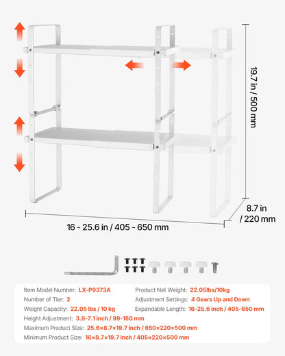 Verstellbarer Küchenschrank-Organizer, ausziehbares 2-stöckiges Schrankregal, stapelbare Arbeitsplatten-Organizer und Regalerhöhungen, Vorratskammer-Organizer für Küche, Bad und Büro, Weiß