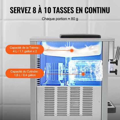Gewerbliche Eismaschine, 21 QT/h Leistung, 1800 W, 3-Sorten-Softeismaschine für die Arbeitsplatte, 2 x 4-Liter-Behälter, 2 x 1,8-Liter-Zylinder, LCD-Bedienfeld, Selbstreinigungsfunktion, Vorkühlung, für Restaurants und Imbissstände