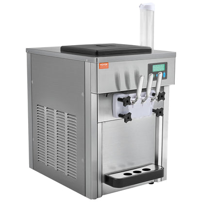 Gewerbliche Eismaschine, 21 QT/h Leistung, 1800 W, 3-Sorten-Softeismaschine für die Arbeitsplatte, 2 x 4-Liter-Behälter, 2 x 1,8-Liter-Zylinder, LCD-Bedienfeld, Selbstreinigungsfunktion, Vorkühlung, für Restaurants und Imbissstände