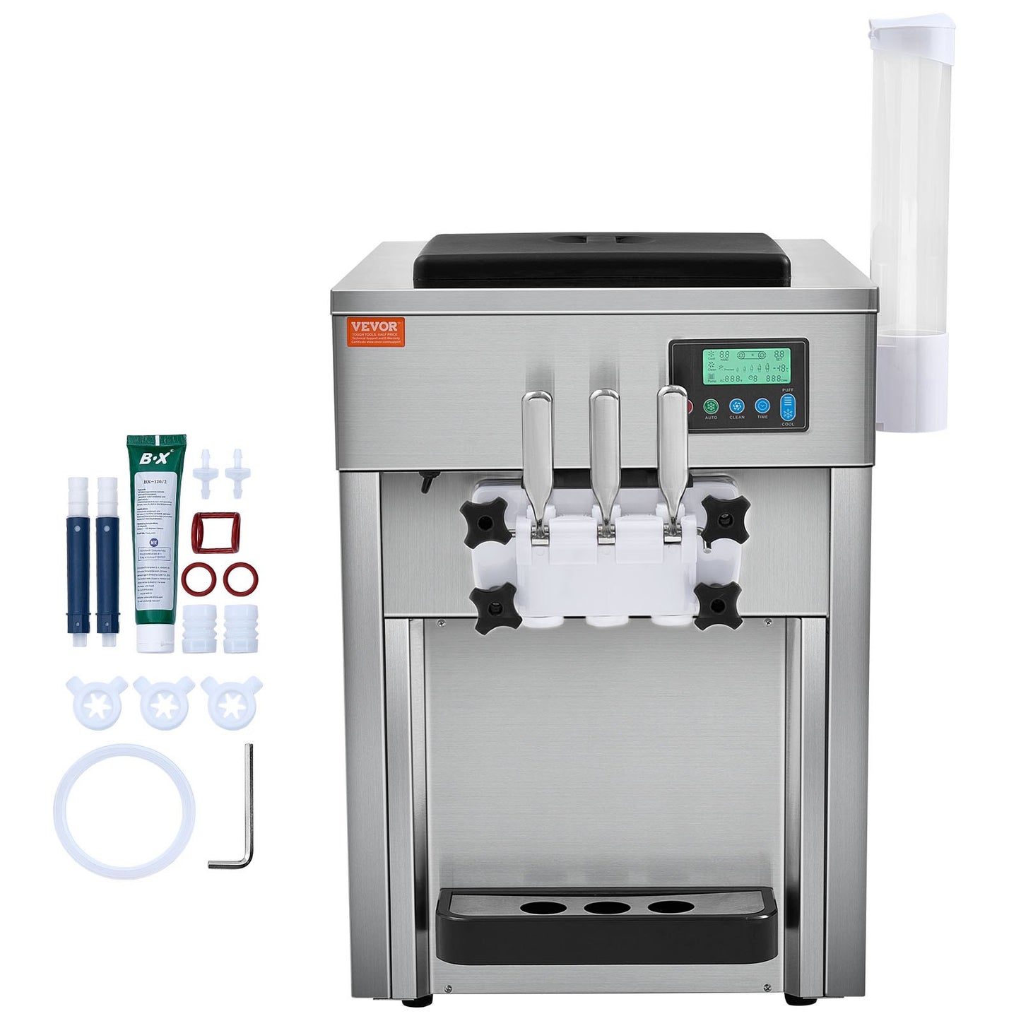 Gewerbliche Eismaschine, 21 QT/h Leistung, 1800 W, 3-Sorten-Softeismaschine für die Arbeitsplatte, 2 x 4-Liter-Behälter, 2 x 1,8-Liter-Zylinder, LCD-Bedienfeld, Selbstreinigungsfunktion, Vorkühlung, für Restaurants und Imbissstände