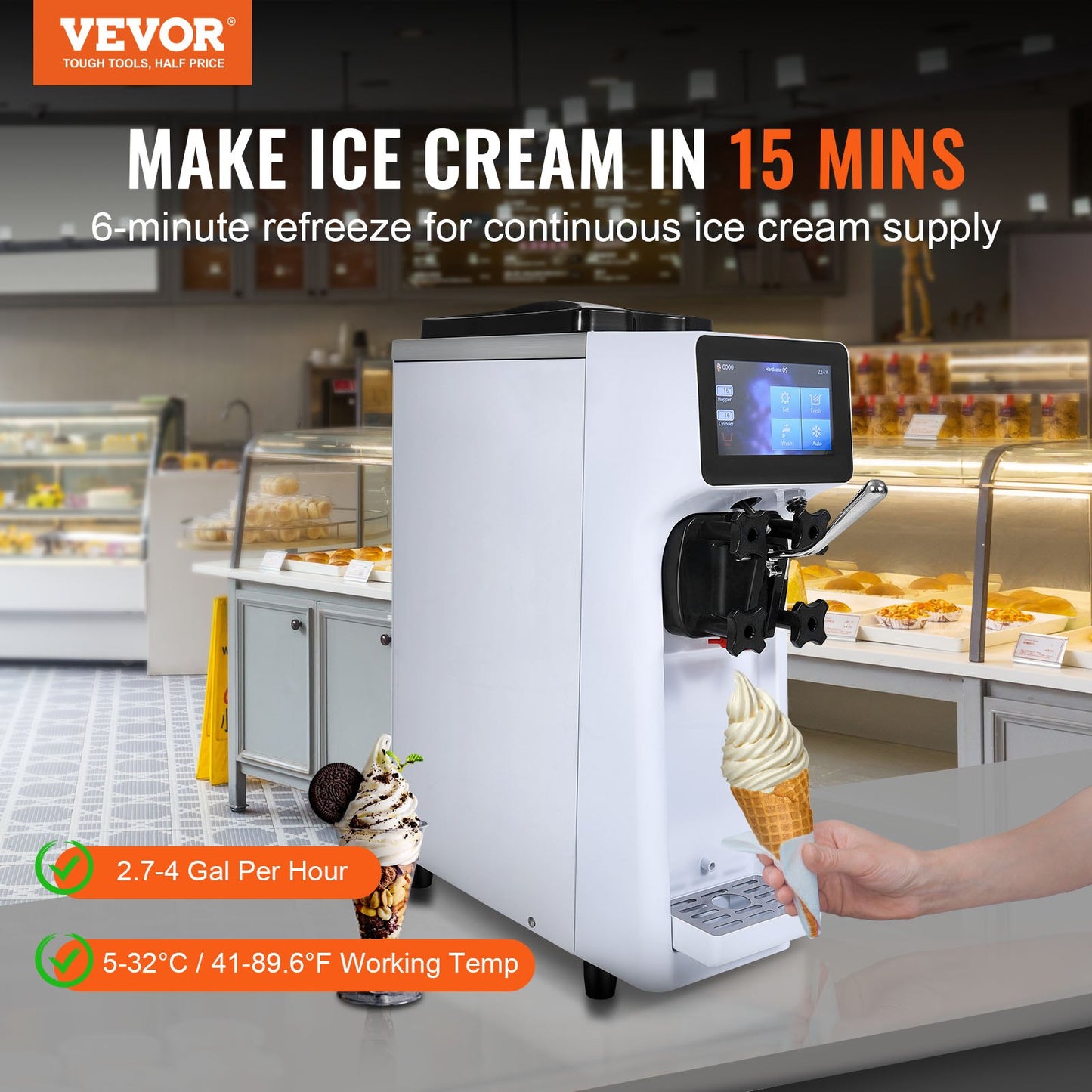 Commercial Ice Cream Machine, 10L/H Yield, 900W Single Flavor Countertop Soft Serve Ice Cream Maker, 4L Hopper 1.6L Cylinder, Touch Screen Auto Clean Pre-cooling, for Restaurant Snack Bar