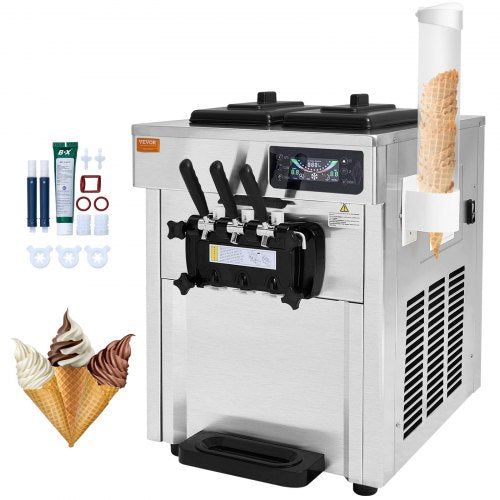 Commercial Ice Cream Machine, 18-28 L/H Yield, 1650W 3-Flavor Countertop Soft Serve Ice Cream Maker, 2 x 5.5L Stainless Steel Cylinder, LED Panel Auto Clean Pre-cooling, for Restaurant Bars