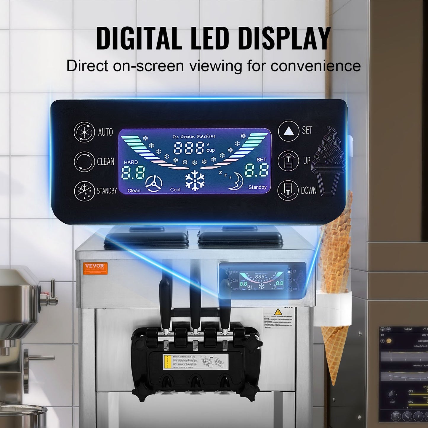 Commercial Ice Cream Machine, 18-28 L/H Yield, 1650W 3-Flavor Countertop Soft Serve Ice Cream Maker, 2 x 5.5L Stainless Steel Cylinder, LED Panel Auto Clean Pre-cooling, for Restaurant Bars