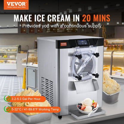 Commercial Ice Cream Machine, 12 L/H Yield, 1295W Single Flavor Countertop Hard Serve Ice Cream Maker, 4.5L Stainless Steel Cylinder, LED Panel Auto Clean Pre-cooling, for Restaurant Snack Bars