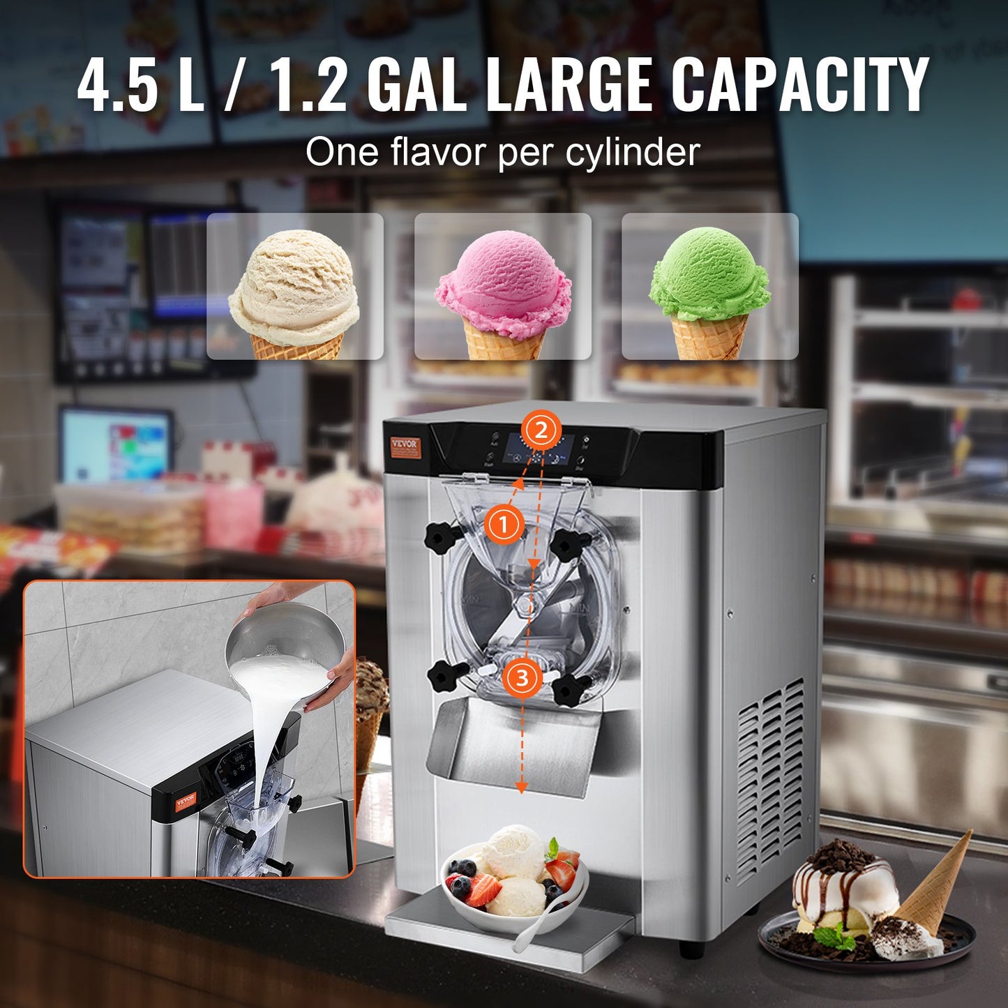 Commercial Ice Cream Machine, 12 L/H Yield, 1295W Single Flavor Countertop Hard Serve Ice Cream Maker, 4.5L Stainless Steel Cylinder, LED Panel Auto Clean Pre-cooling, for Restaurant Snack Bars