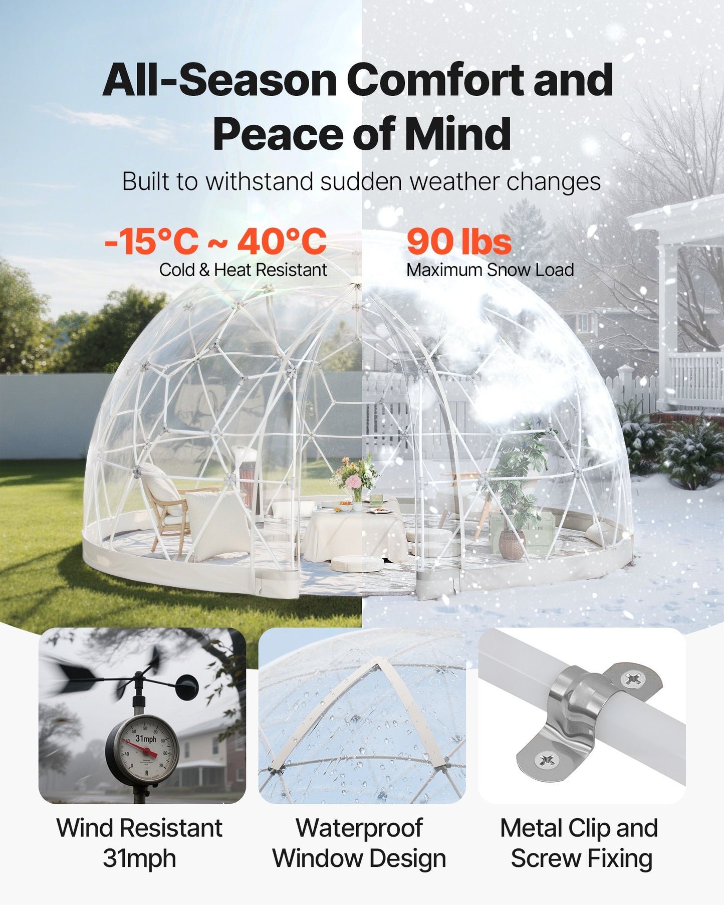 Garden Dome Igloo, 3.6 x 2.2 m Outdoor Clear Bubble Tent for 4-7 Person, Weatherproof Geodesic Dome Greenhouse with Window, PVC Igloo Tent for Backyard Patios Camping Party Wedding