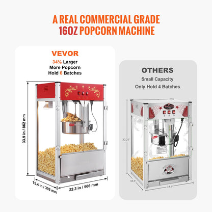 Popcorn Maker, 1615W Popcorn Popper Machine, 16 Oz Kettle Large Capacity Countertop Popcorn Maker with Tempered Glass, Includes 3 Stainless Steel Scoops, Movie Theater Style, Red