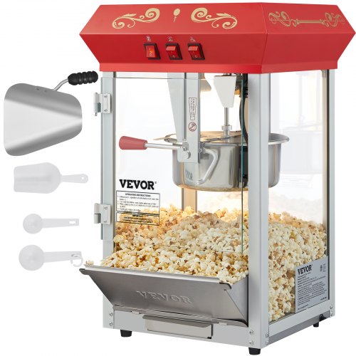 Popcorn Maker, 850W Popcorn Popper Machine, 8 Oz Kettle Makes 48 Cups per Batch, Countertop Popcorn Maker with Tempered Glass, Includes 4 Scoops, Movie Theater Style, Red