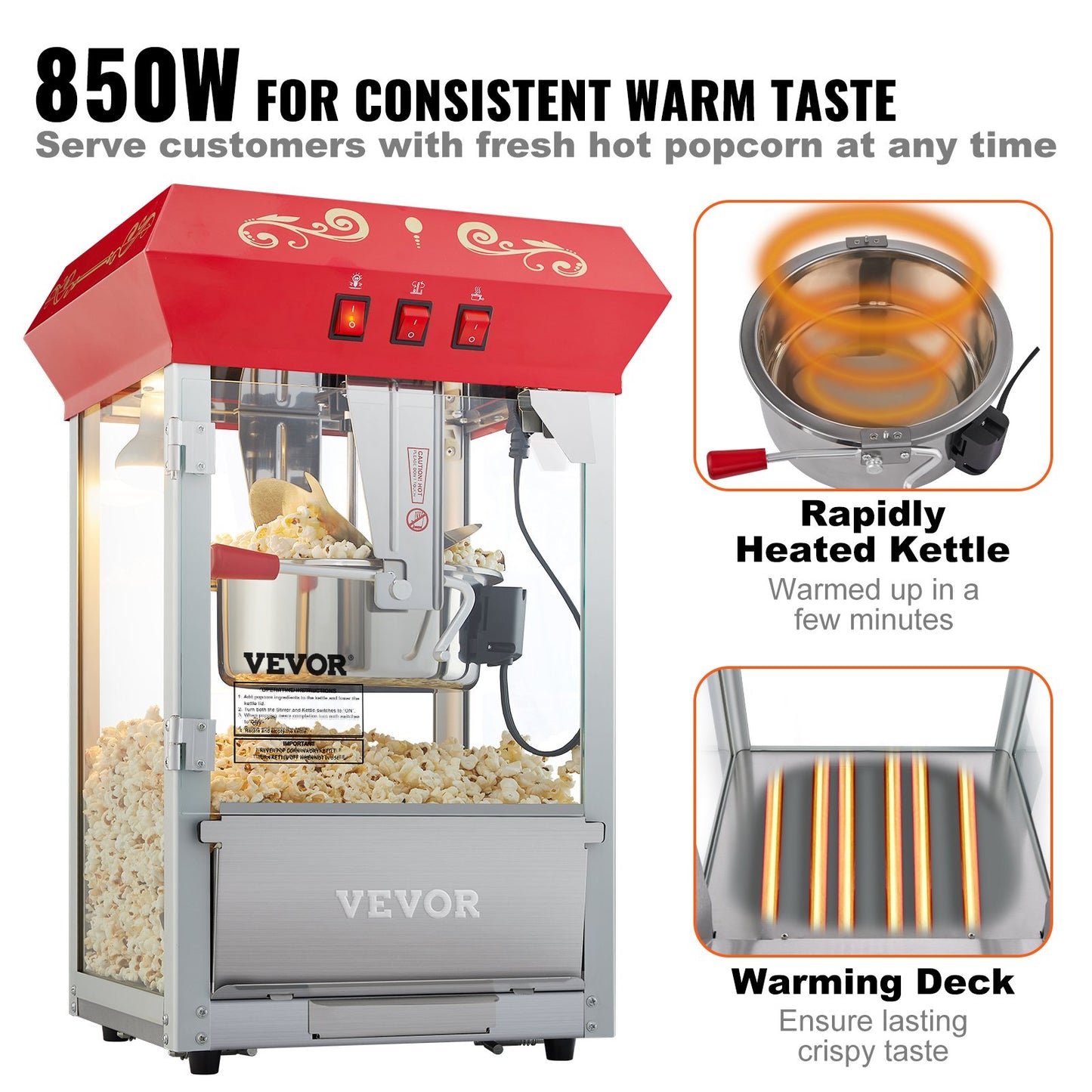Popcornmaschine, 850 W, 8-Unzen-Kessel für bis zu 48 Tassen Popcorn pro Durchgang, Tischgerät mit gehärtetem Glas, inklusive 4 Schaufeln, Kino-Design, Rot