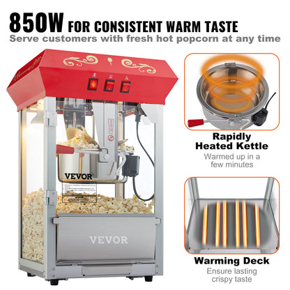 Popcornmaschine, 850 W, 8-Unzen-Kessel für bis zu 48 Tassen Popcorn pro Durchgang, Tischgerät mit gehärtetem Glas, inklusive 4 Schaufeln, Kino-Design, Rot