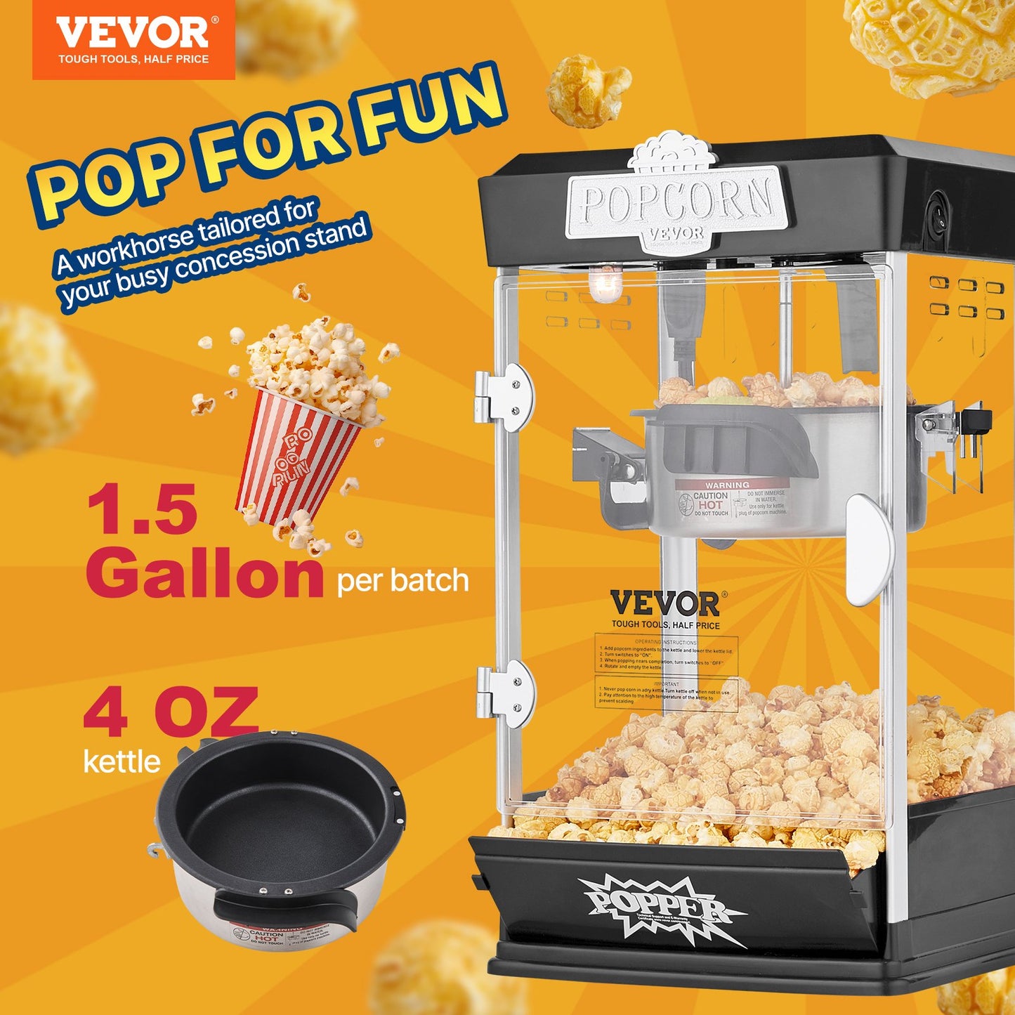 Popcorn Maker, 480W Popcorn Popper Machine, 4 Oz Kettle Makes 1.5 Gallon per Batch, Tabletop Popcorn Maker, Includes 3 Scoops, Movie Theater Style, Black