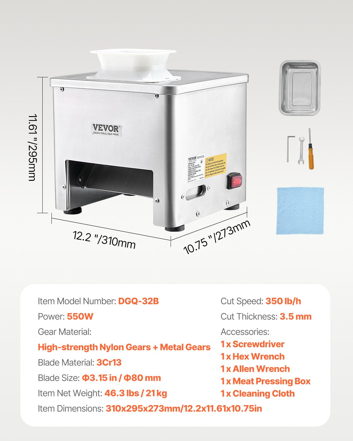 Meat Cutter Machine, 550W Meat Slicer, 350 lb/h Commercial Meat Cutting Machine, Stainless Steel, 3.5 mm Thickness, Electric Food Cutting Slicer for Home Kitchen, Restaurant, Supermarket