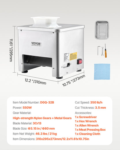 Meat Cutter Machine, 550W Meat Slicer, 350 lb/h Commercial Meat Cutting Machine, Stainless Steel, 3.5 mm Thickness, Electric Food Cutting Slicer for Home Kitchen, Restaurant, Supermarket