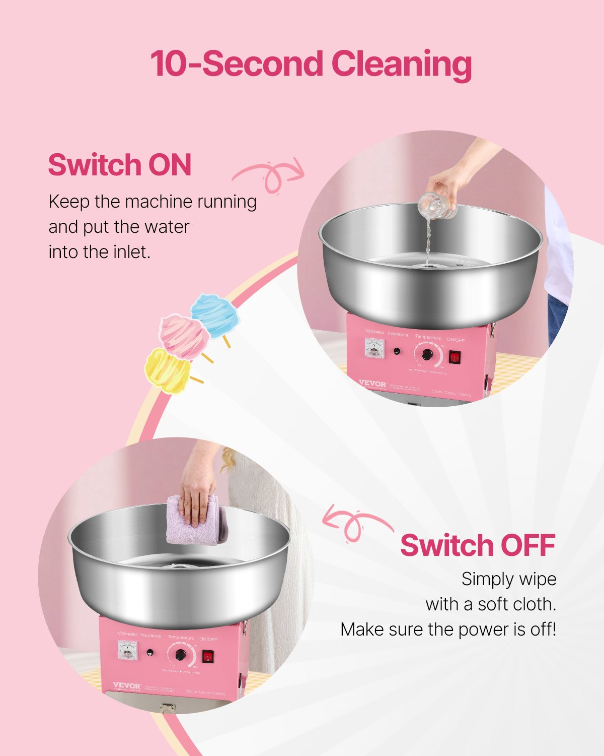 Elektrische Zuckerwattemaschine, 1000 W, professionelle Zuckerwattemaschine mit 52 cm Edelstahlschüssel, Zuckerlöffel und Schublade, einfache Anwendung zu Hause, ideal für Kindergeburtstage und Familienfeiern, rosa