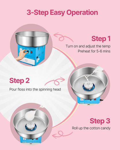 Elektrische Zuckerwattemaschine, 1000 W, professionelle Zuckerwattemaschine mit 52 cm Edelstahlschüssel, Zuckerlöffel und Schublade, einfache Anwendung zu Hause, ideal für Kindergeburtstage und Familienfeiern, blau