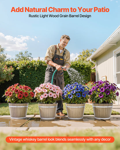 Plant Pots, 4 Pack 300 mm Whiskey Barrel Planters with Drainage Holes, Large Outside Plastic Decoration Flower Pot Imitation Wine Barrel Design for Indoor & Outdoor Garden Home Plants, Brown