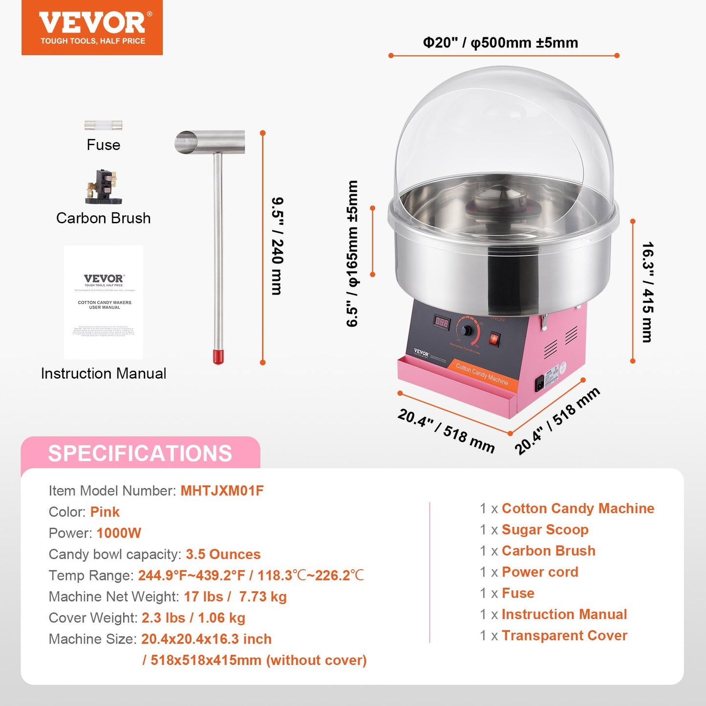 Electric Cotton Candy Machine, 1000W Candy Floss Maker, Commercial Cotton Candy Machine with Cover, Stainless Steel Bowl, and Sugar Scoop, Perfect for Home Kids Birthday, Family Party (Pink)