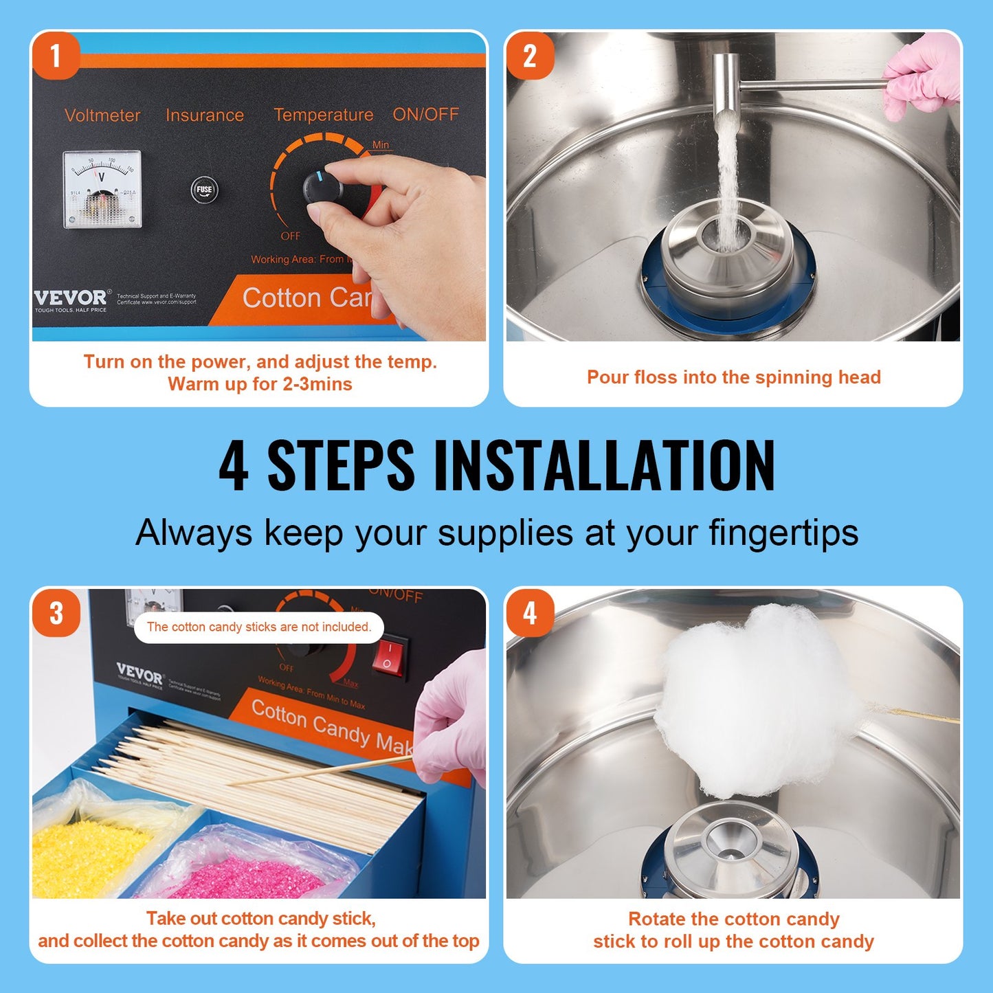 Electric Cotton Candy Machine, 1000W Candy Floss Maker, Commercial Cotton Candy Machine with Cover, Stainless Steel Bowl, Sugar Scoop, Drawer, Perfect for Home Kids Birthday, Family Party, Blue