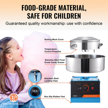 Electric Cotton Candy Machine, 1000W Candy Floss Maker, Commercial Cotton Candy Machine with Stainless Steel Bowl, and Sugar Scoop, Perfect for Home Kids Birthday, Family Party (Blue)