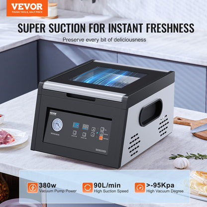Chamber Vacuum Sealer, 380W Vacuum Pump Power, Sealing Bag Packing Machine for Wet Foods, Meat, Compact Design with 290 mm Sealing Length, Ideal Commercial Sealer for Professional and Home Use