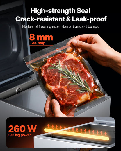 Chamber Vacuum Sealer, 260W Sealing Power, Vacuum Packing Machine for Wet Foods, Meats, Marinades and More, Compact Size with 260 mm Sealing Length, Applied in Home Kitchen and Commercial Use