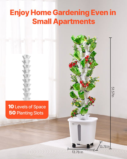 Hydroponic Growing System, 50 Pods Vertical 10 Tiers Hydroponic Tower, Rolling Hydronic Garden with Water Pump & Wheels, Indoor Plants Germination Kit for Herbs Fruits & Vegetables