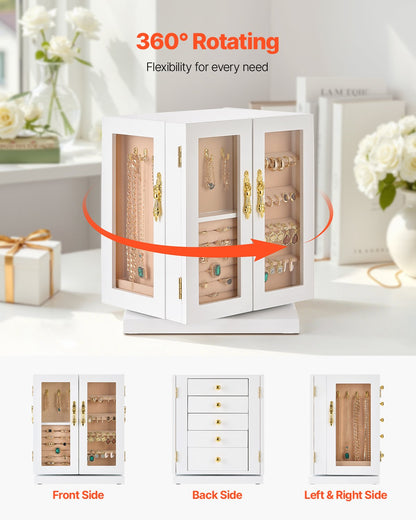 Jewelry Box, 360° Rotating Jewelry Organizer with 5 Drawers, Acrylic Window, 4 Necklace Hooks on Each Side, Spacious Storage Case with Metal Handles, Bottom Pad and Soft Velvet Lining, White