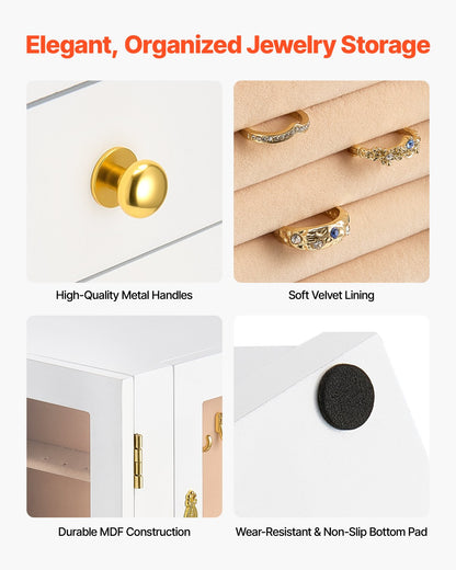 Jewelry Box, 360° Rotating Jewelry Organizer with 5 Drawers, Acrylic Window, 4 Necklace Hooks on Each Side, Spacious Storage Case with Metal Handles, Bottom Pad and Soft Velvet Lining, White