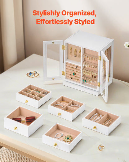 Jewelry Box, 360° Rotating Jewelry Organizer with 5 Drawers, Acrylic Window, 4 Necklace Hooks on Each Side, Spacious Storage Case with Metal Handles, Bottom Pad and Soft Velvet Lining, White