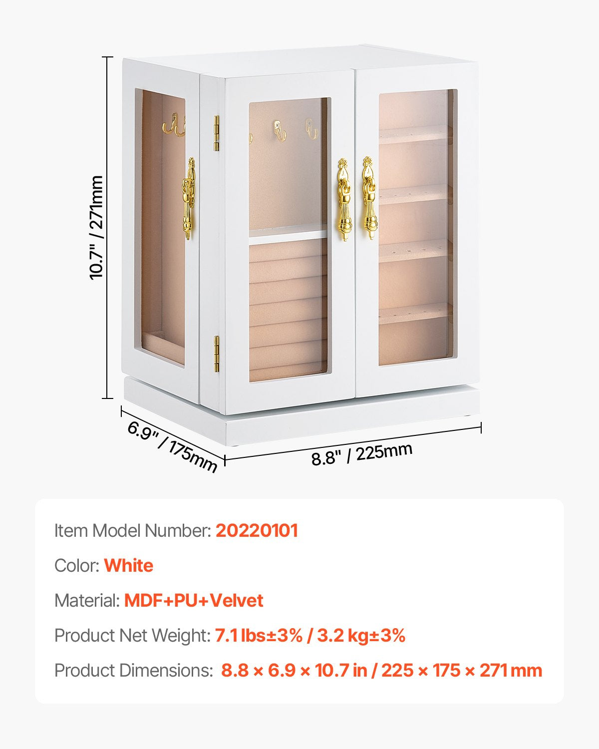 Jewelry Box, 360° Rotating Jewelry Organizer with 5 Drawers, Acrylic Window, 4 Necklace Hooks on Each Side, Spacious Storage Case with Metal Handles, Bottom Pad and Soft Velvet Lining, White