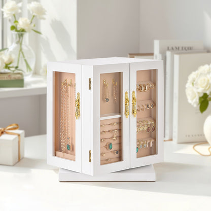 Jewelry Box, 360° Rotating Jewelry Organizer with 5 Drawers, Acrylic Window, 4 Necklace Hooks on Each Side, Spacious Storage Case with Metal Handles, Bottom Pad and Soft Velvet Lining, White