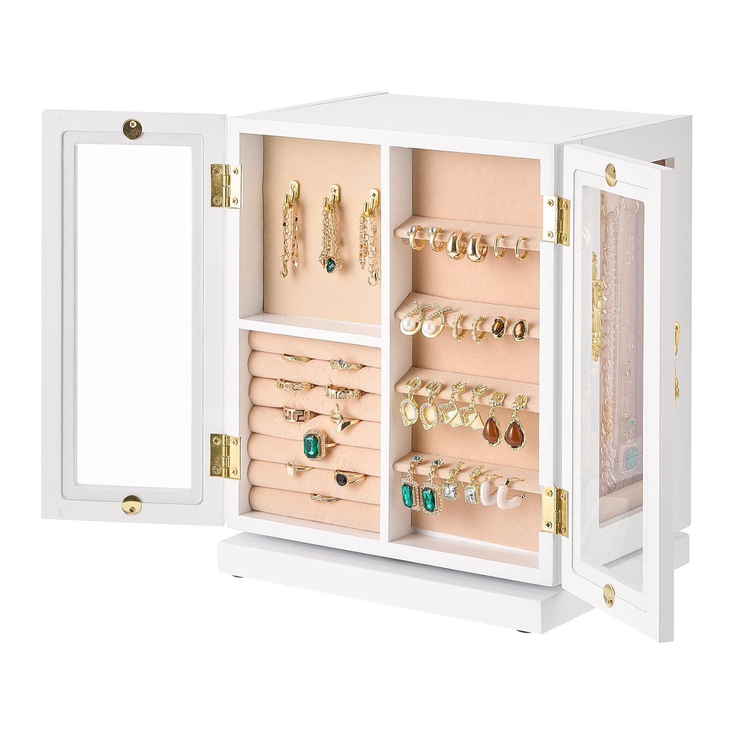 Jewelry Box, 360° Rotating Jewelry Organizer with 5 Drawers, Acrylic Window, 4 Necklace Hooks on Each Side, Spacious Storage Case with Metal Handles, Bottom Pad and Soft Velvet Lining, White