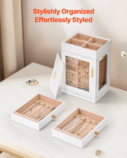 Jewelry Box, 360° Rotating Jewelry Organizer with Magnetic Door, Acrylic Window and Built-in 4 Necklace Hooks, Spacious Storage Case with Metal Handles, Bottom Pad and Soft Flannel Lining, White