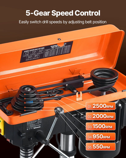 254 mm Benchtop Drill Press, 550W Induction Motor, Tabletop Drilling Machine with 550 / 950 / 1500 / 2000 / 2500 RPM Adjustable Speed, 0-45° Tilting Worktable, X-Ray Positioning, for Wood Metal