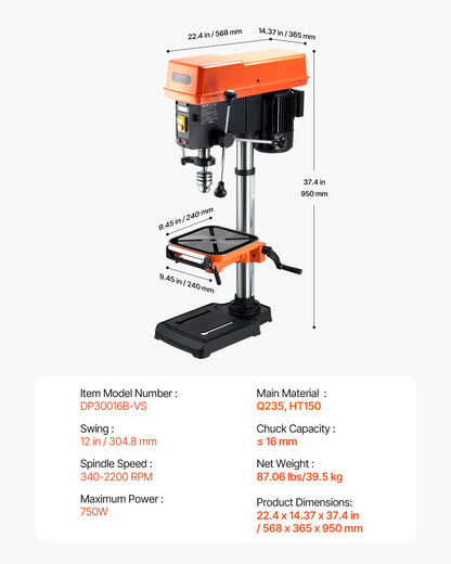 304.8 mm Benchtop Drill Press, 750W, 340-2200 RPM Variable Speed Bench Drill Press, with 0-45° Tilting Worktable, LED Work Light, X-ray Positioning, Tabletop Drilling Machine for Wood Metal