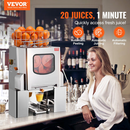 Commercial Orange Juicer Machine, 120W Automatic Juice Extractor, Stainless Steel Orange Squeezer 20 Oranges/Minute, with Pull-Out Filter Box, Stainless Steel Cover, 2 Peel Collecting Buckets