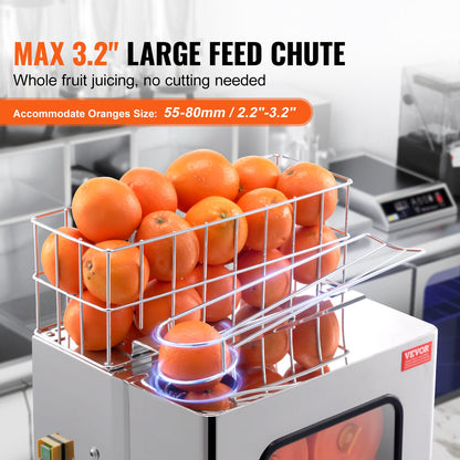 Commercial Orange Juicer Machine, 120W Automatic Juice Extractor, Stainless Steel Orange Squeezer 20 Oranges/Minute, with Pull-Out Filter Box, Stainless Steel Cover, 2 Peel Collecting Buckets