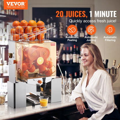 Commercial Orange Juicer Machine, 120W Automatic Juice Extractor with Water Tap, Stainless Steel Orange Squeezer 20 Oranges/Minute, with Pull-Out Filter Box, PC Cover, 2 Peel Collecting Buckets
