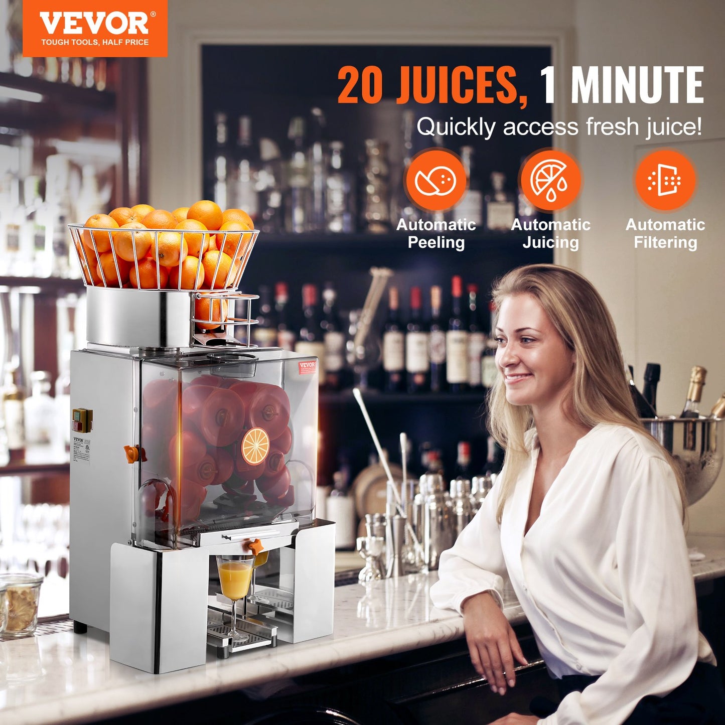 Commercial Orange Juicer Machine, 120W Automatic Feeding Juice Extractor, Stainless Steel Juice Extractor for 25 Oranges Per Minute, with Pull-Out Filter Box, PC Cover, 2 Peel Collecting Buckets