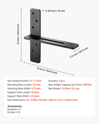 T Shelf Brackets 2 Pcs, 200 lbs/90 kg Weight Capacity, 12x2.89x12 in / 304.8x73.5x304.8 mm, Solid Steel Heavy Duty Brackets for Shelves, Countertop Support Floating Bracket Hardware with Screws