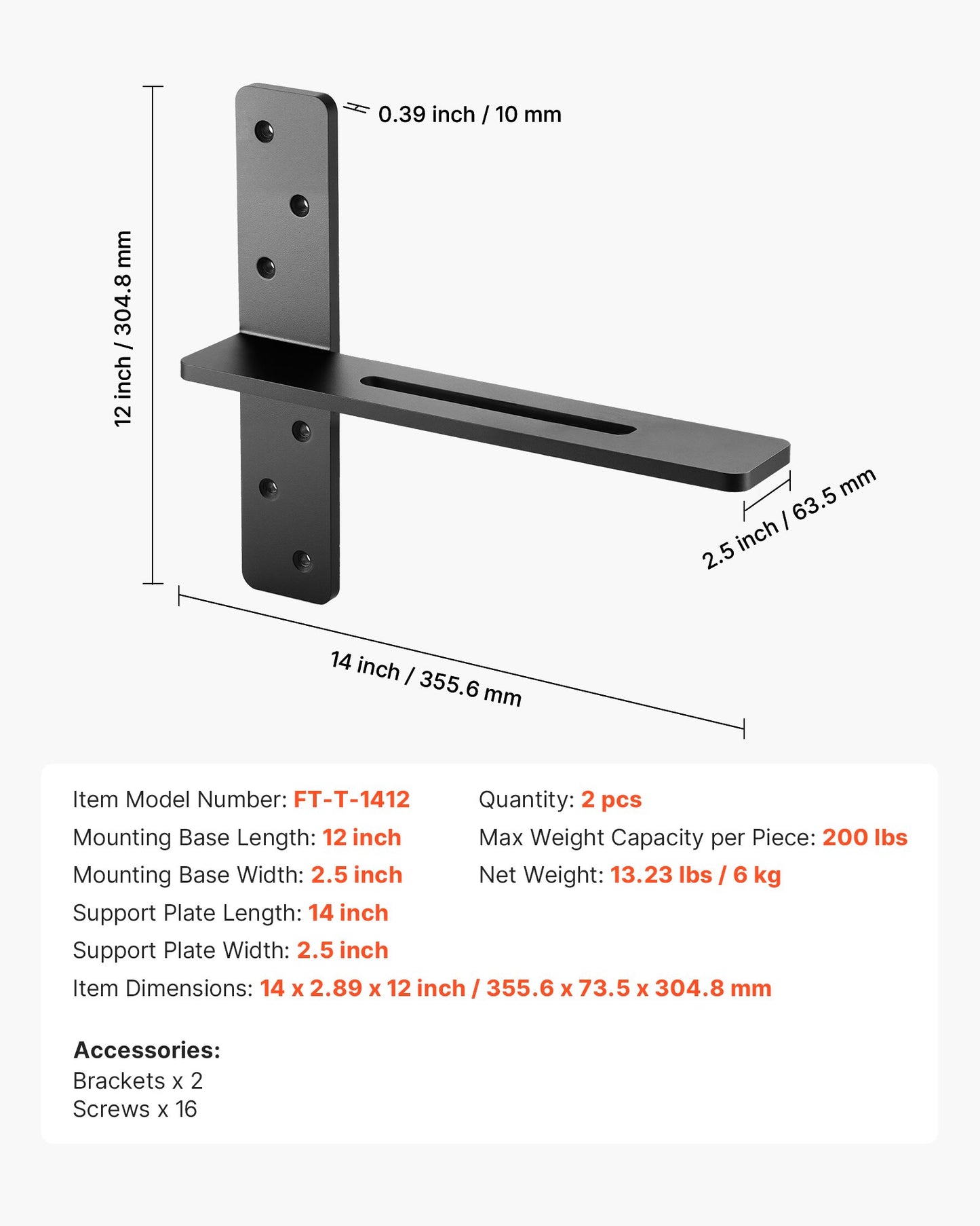 T Shelf Brackets 2 Pcs, 200 lbs/90 kg Weight Capacity, 14x2.89x12 in / 355.6x73.5x304.8 mm, Solid Steel Heavy Duty Brackets for Shelves, Countertop Support Floating Bracket Hardware with Screws