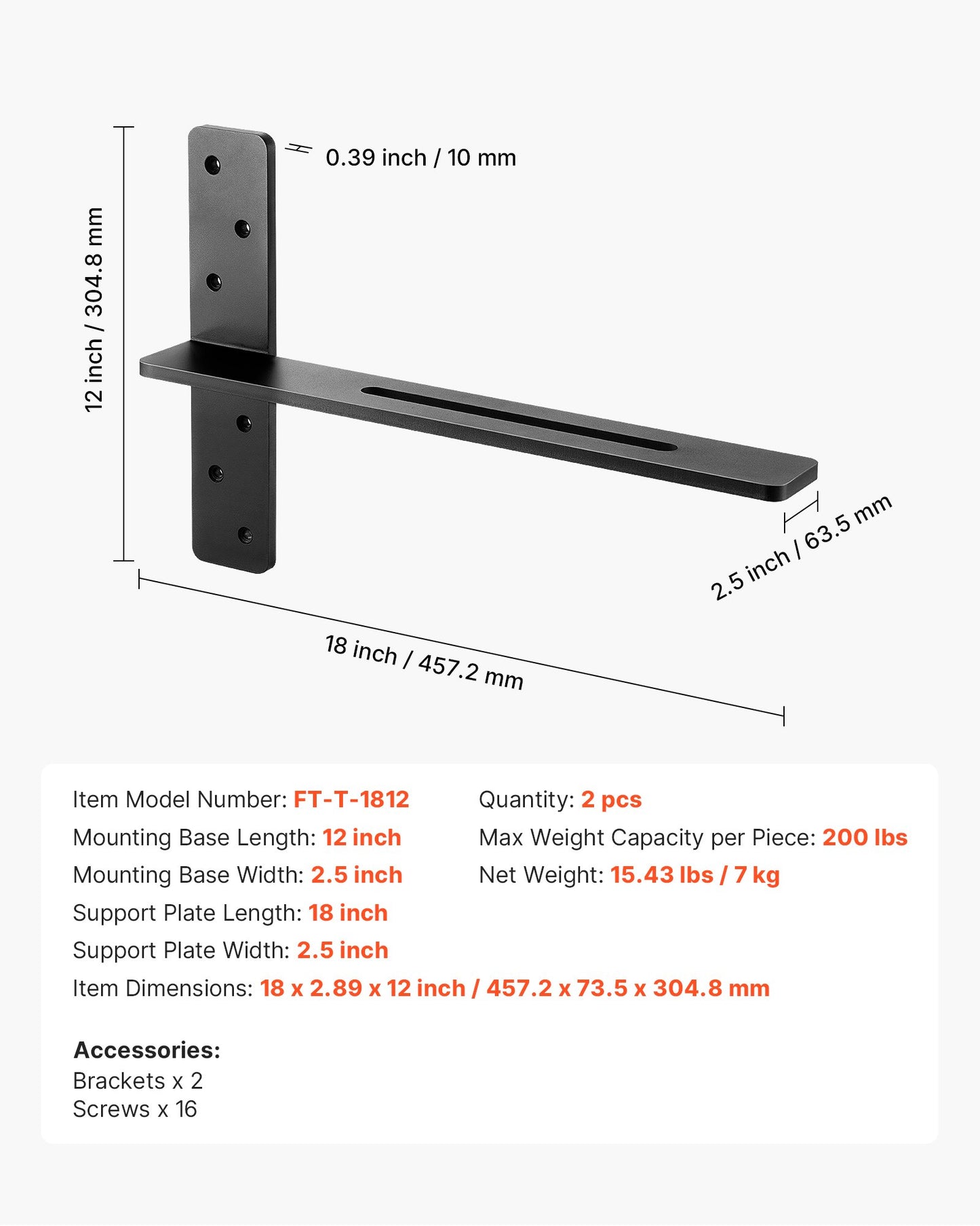 T Shelf Brackets 2 Pcs, 200 lbs/90 kg Weight Capacity, 18x2.89x12 in / 457.2x73.5x304.8 mm, Solid Steel Heavy Duty Brackets for Shelves, Countertop Support Floating Bracket Hardware with Screws