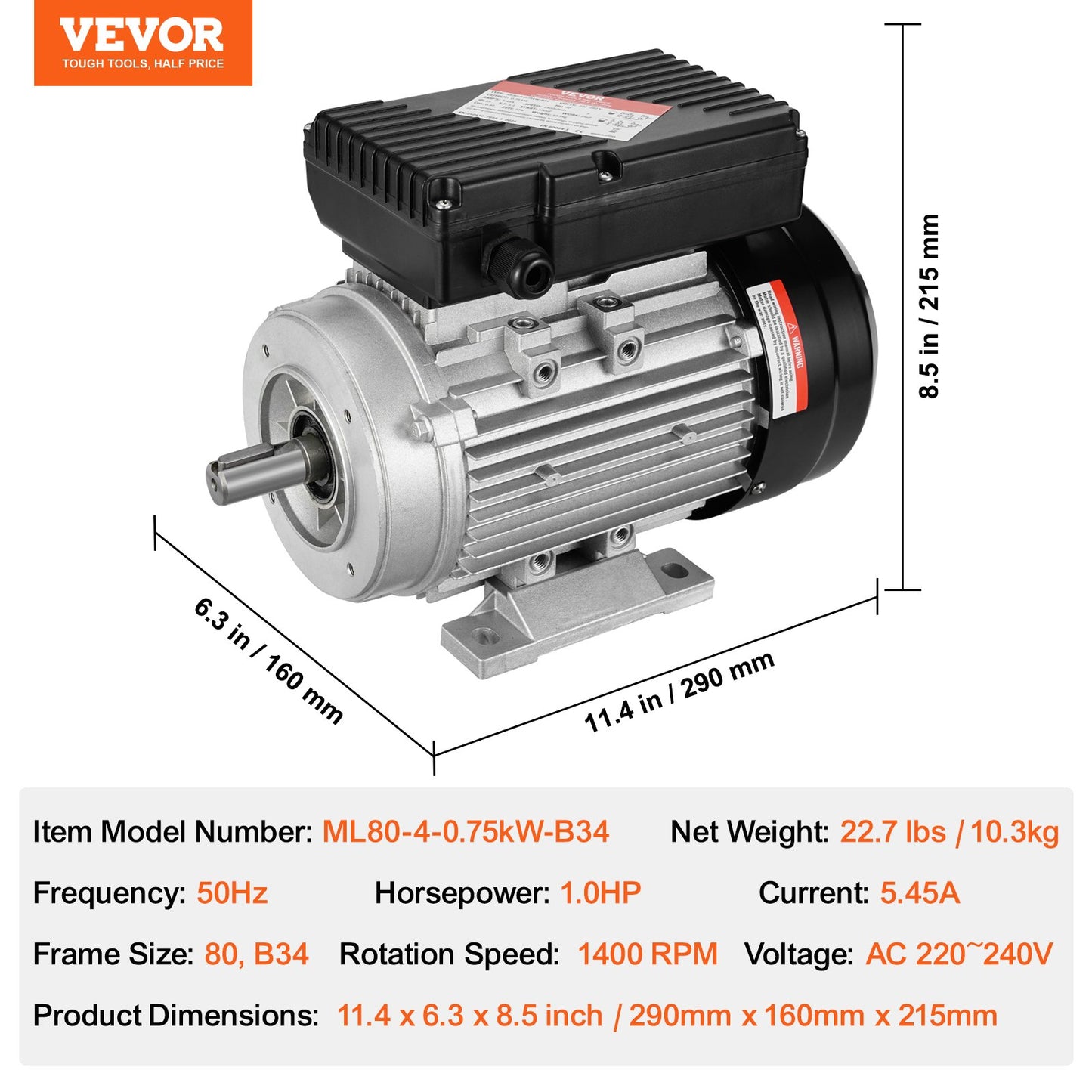 0.75KW Electric Motor 1400 rpm, AC 220~240V 5.45A, 80, B34 Frame, Air Compressor Motor Single Phase, 19mm Keyed Shaft, CW/CCW Rotation for Agricultural Machinery and General Equipment