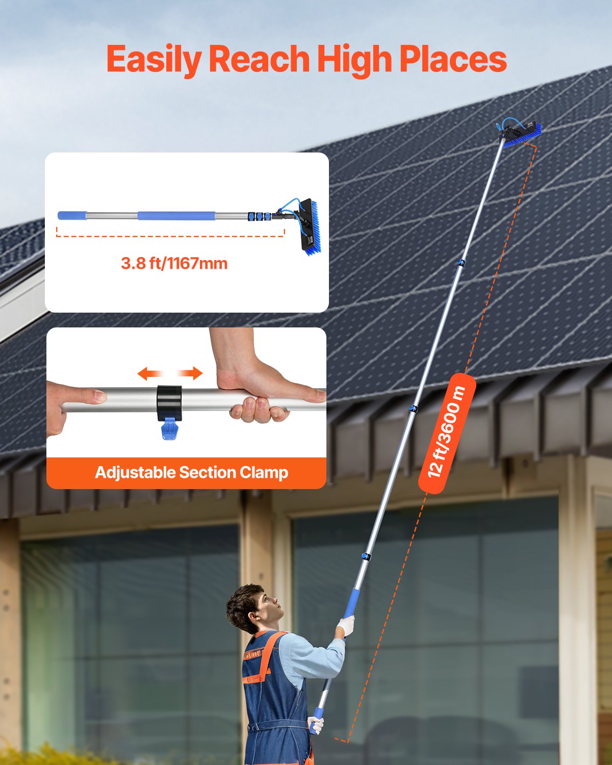 Water Fed Pole Kit, 3.6m Solar Panel Cleaning Pole with Extendable Handle, 180° Rotatable Brush Head & 20m Hose, Household & Outdoor Window Cleaner Tool for Caravan Solar Panel Deck
