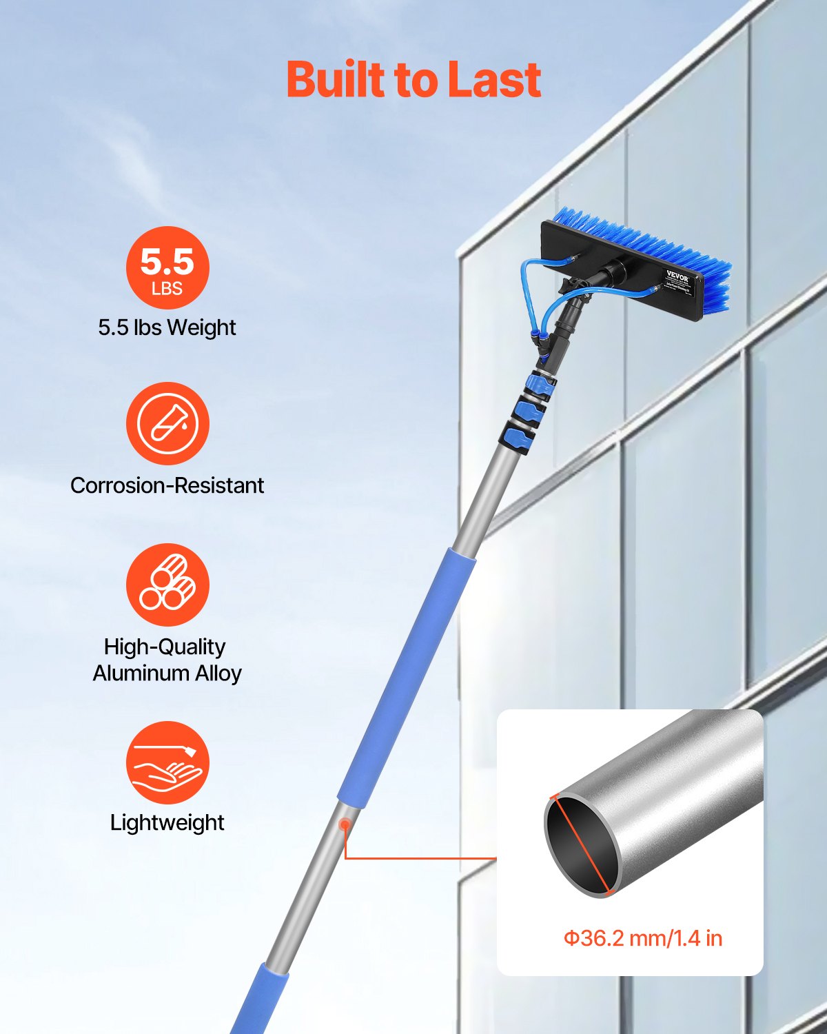 Water Fed Pole Kit, 3.6m Solar Panel Cleaning Pole with Extendable Handle, 180° Rotatable Brush Head & 20m Hose, Household & Outdoor Window Cleaner Tool for Caravan Solar Panel Deck