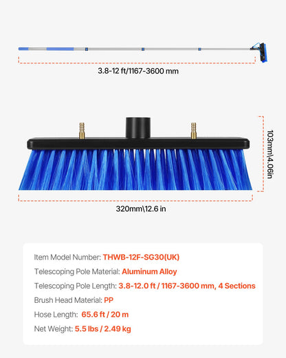 Water Fed Pole Kit, 3.6m Solar Panel Cleaning Pole with Extendable Handle, 180° Rotatable Brush Head & 20m Hose, Household & Outdoor Window Cleaner Tool for Caravan Solar Panel Deck