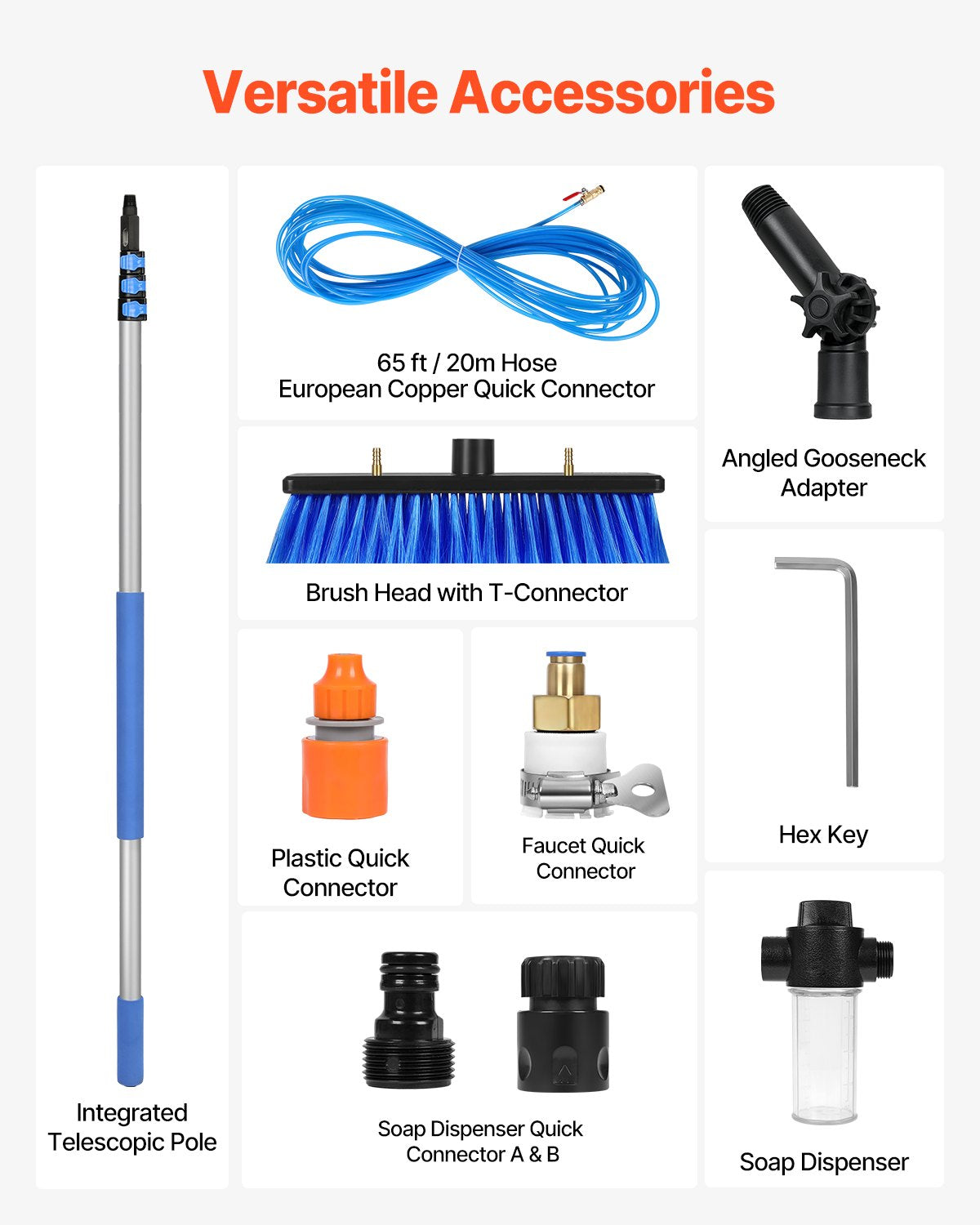 Water Fed Pole Kit, 6m Solar Panel Cleaning Pole with Extendable Handle, 180° Rotatable Brush Head & 20m Hose, Household & Outdoor Window Cleaner Tool for Caravan Solar Panel Deck
