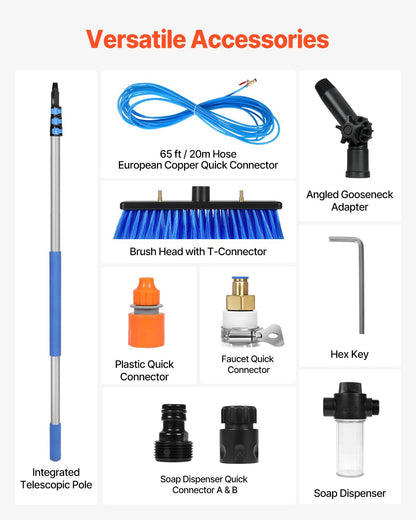Water Fed Pole Kit, 6m Solar Panel Cleaning Pole with Extendable Handle, 180° Rotatable Brush Head & 20m Hose, Household & Outdoor Window Cleaner Tool for Caravan Solar Panel Deck